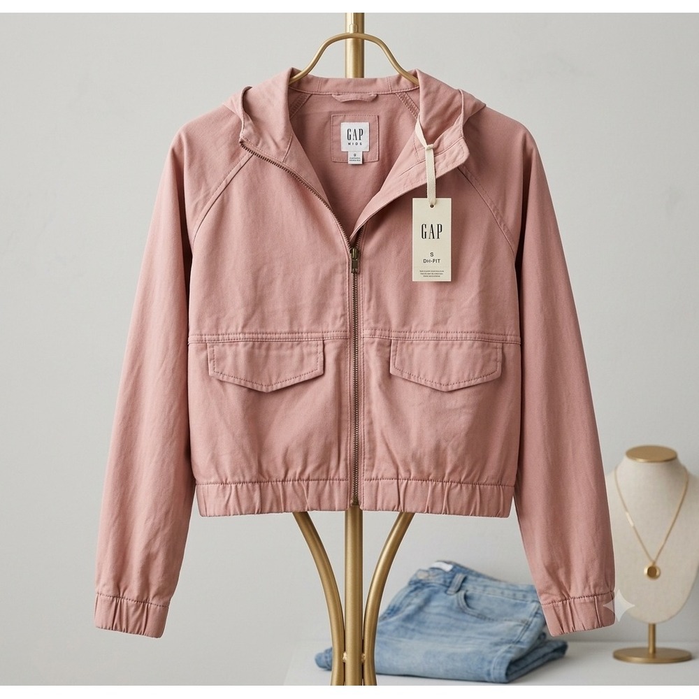 Gap Kids XL 12 Pink Hooded Utility Jacket Full Zip Cotton Twill Cropped Bomber